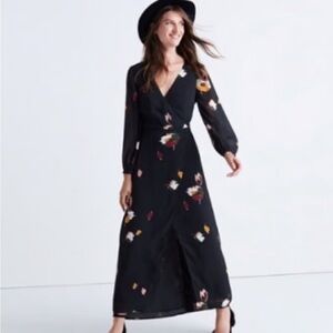Madewell Black Floral V-Neck Long Sleeve Dress
